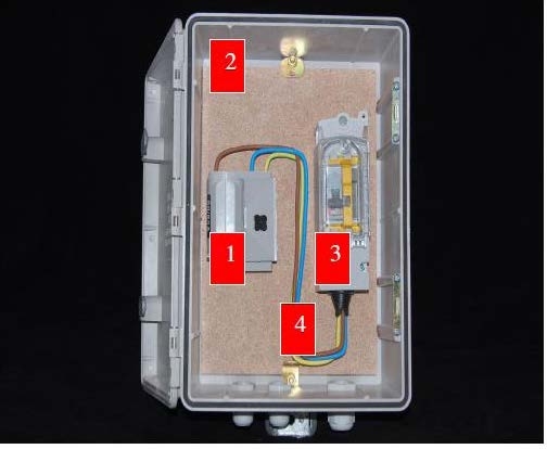 Internal components of pre-wired public lighting interface box